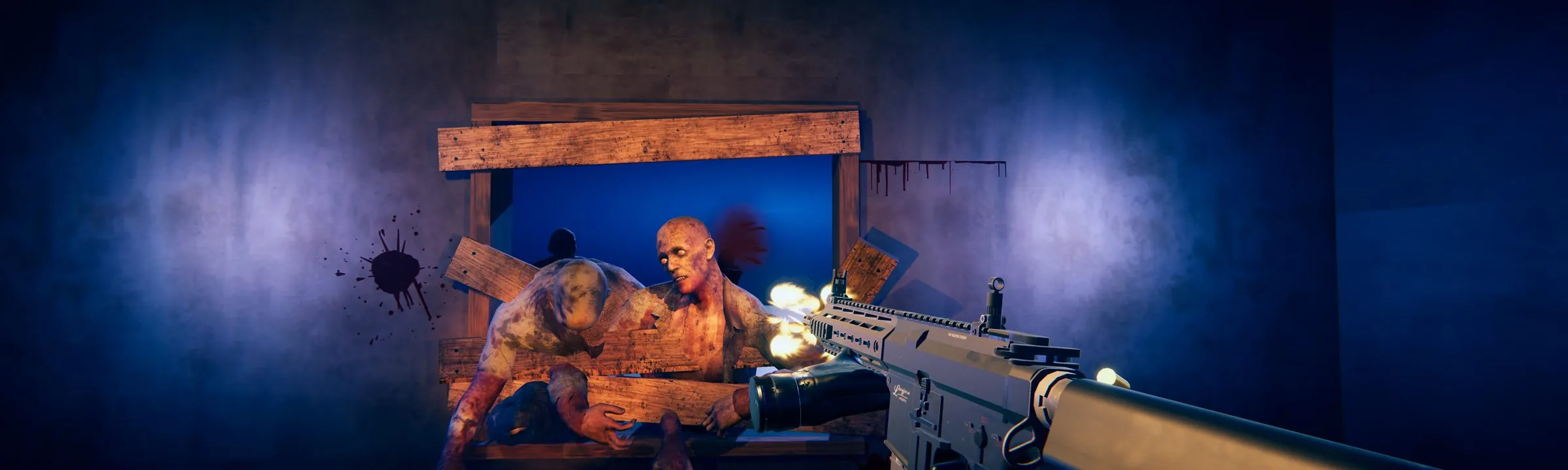 First-person view: firing at zombies breaking through a boarded window